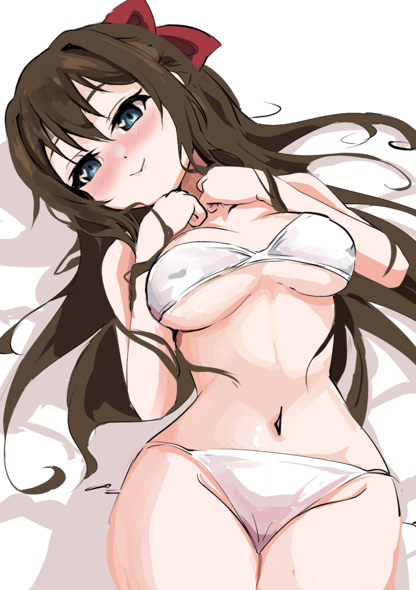 1girl bikini blue_eyes blush bow breasts brown_hair closed_mouth cowboy_shot hair_between_eyes hair_bow half_updo highres large_breasts long_hair looking_at_viewer love_live! love_live!_nijigasaki_high_school_idol_club lying navel nose_blush on_back osaka_shizuku pisagi red_bow sidelocks smile solo stomach strapless strapless_bikini swimsuit white_bikini