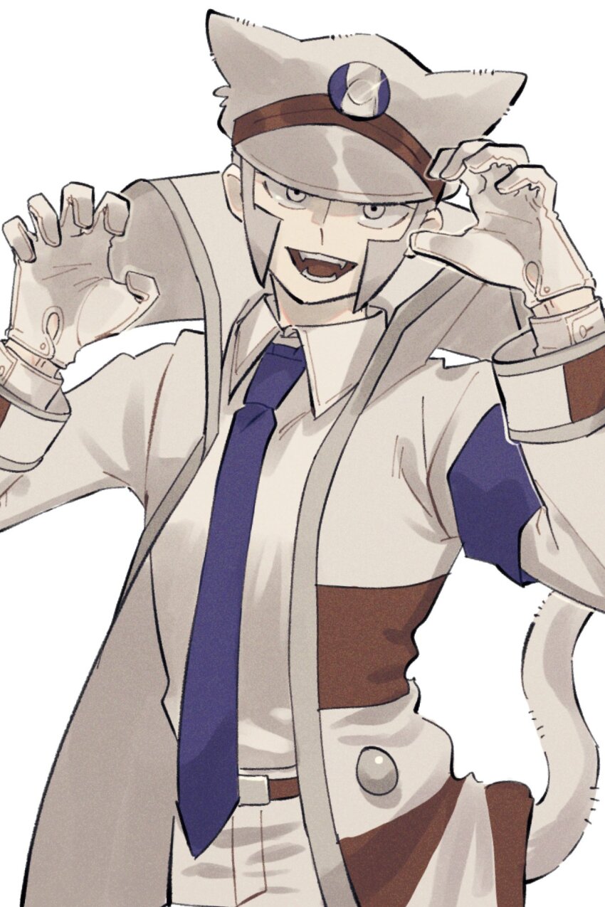 1boy animal_ears armband arms_up belt belt_buckle blue_armband blue_necktie brown_belt buckle cat_boy cat_ears cat_tail claw_pose coat collared_coat cowboy_shot creatures_(company) emmet_(pokemon) game_freak grey_eyes grey_hair hat high_collar highres ins3wr kemonomimi_mode long_sleeves looking_at_viewer male_focus necktie nintendo open_clothes open_coat open_mouth pants peaked_cap pokemon pokemon_bw shirt shirt_tucked_in sideburns simple_background solo tail teeth white_background white_coat white_hat white_pants white_shirt wing_collar