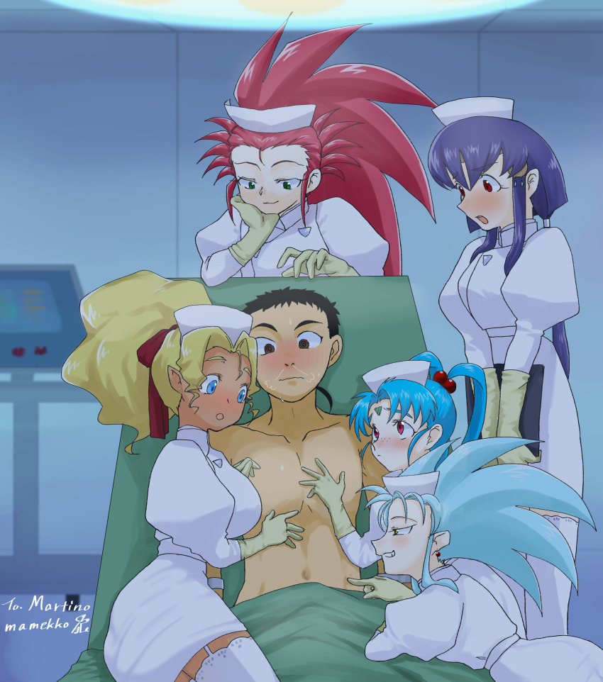 1boy 5girls commission gloves hakubi_ryoko hakubi_washuu hat hug kuramitsu_mihoshi laboratory latex latex_gloves masaki_aeka_jurai masaki_sasami_jurai masaki_tenchi meyama_mamezou multiple_girls nude nurse nurse_cap operating_table poking_belly skeb_commission table tenchi_muyou!