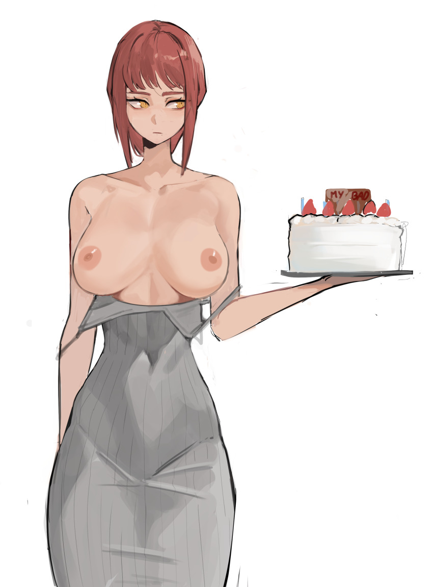 1girl apologizing braid braided_ponytail breasts cake chainsaw_man cleavage dessert dress food large_breasts makima_(chainsaw_man) navel_visible_through_clothes nipples red_hair ringed_eyes simple_background tefi_blum topless unusual_pupils white_background wide_hips yellow_eyes