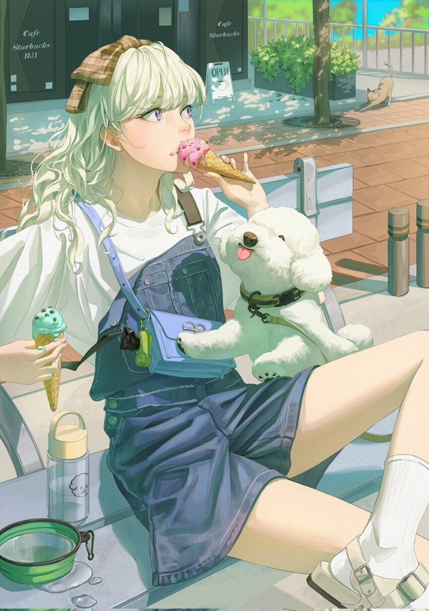 1girl bag blonde_hair blue_overalls cat collar crossed_legs day eating gan_onji grey_footwear highres holding holding_ice_cream_cone ice_cream_cone long_hair looking_afar on_bench original outdoors overalls purple_eyes shirt shoulder_bag single_off_shoulder sitting socks solo wavy_hair white_dog white_shirt white_socks