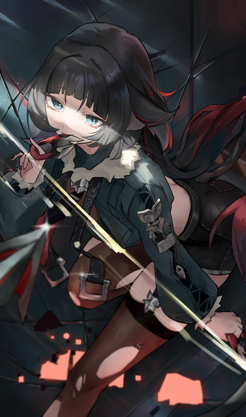 1girl absurdres black_hair black_shorts blunt_bangs fur-trimmed_jacket fur_trim green_eyes green_jacket high-waist_shorts highres holding holding_weapon jacket jane_doe_(zenless_zone_zero) light_blush looking_at_viewer mouse_girl multicolored_hair outdoors pantyhose red_hair shorts sidelocks single_leg_pantyhose single_thighhigh smile solo sunlight thighhighs torn_clothes torn_pantyhose torn_thighhighs two-tone_hair weapon yawww_(yawwwart) zenless_zone_zero