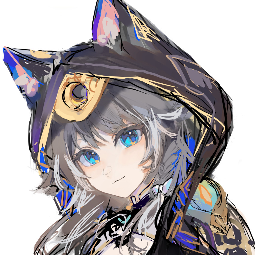 1girl absurdres animal_ear_fluff animal_ear_hood animal_ears blue_eyes blunt_bangs bow chinese_commentary cipher_(honkai:_star_rail) close-up closed_mouth detached_collar fake_animal_ears hair_bow head_tilt highres honkai:_star_rail honkai_(series) hood hood_up long_hair looking_at_viewer looking_to_the_side simple_background smug solo upper_body white_background white_bow white_hair xuewujibing