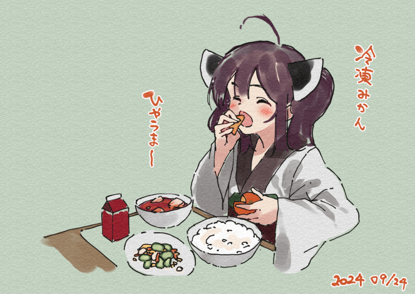 1girl ahoge blush bowl brown_hair closed_eyes commentary_request dated food food_request green_background headgear holding holding_food japanese_clothes kimono lamb_(hitsujiniku) long_sleeves obi open_mouth plate rice rice_bowl sash solo table touhoku_kiritan translation_request twintails upper_body voiceroid white_kimono wide_sleeves