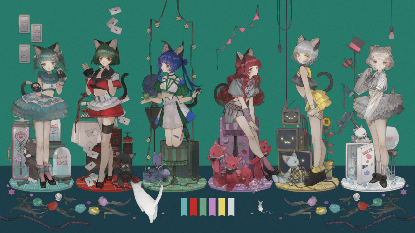 6+girls animal animal_ear_fluff animal_ears aqua_background aqua_eyes aqua_hair black_footwear blue_eyes blue_flower blue_hair blunt_bangs bow breasts cable cat cat_ears cat_girl cat_tail chino_(valis) commentary_request cooler crt electric_plug flower frilled_skirt frilled_sleeves frills full_body green_eyes green_flower green_hair grey_hair hair_bow hands_up high_heels highres holding kamitsubaki_studio kneeling letter light_bulb long_hair long_sleeves looking_at_viewer love_letter midriff mouse_(animal) multiple_girls myu_(valis) neffy_(valis) nekosuke_(oxo) nina_(valis) pennant pink_eyes platform_footwear purple_flower rara_(valis) red_eyes red_flower red_hair shelf shirt short_hair short_sleeves sinsekai_studio sitting skirt sleeveless socks standing stool stuffed_animal stuffed_cat stuffed_toy suitcase tail teardrop_facial_mark tile_floor tiles valis_(sinsekai) virtual_youtuber vitte_(valis) white_cat white_flower white_hair yellow_eyes yellow_flower