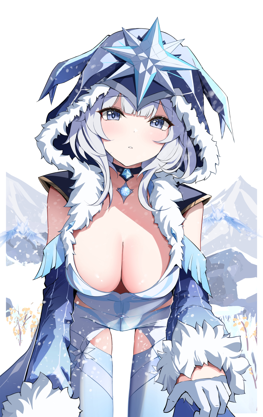 1girl absurdres black_choker blue_eyes blue_hair blue_hood blue_pupils blush border breasts choker cicin_mage_(genshin_impact) collarbone commentary cryo_cicin_mage_(genshin_impact) fur-trimmed_hood fur_trim genshin_impact gloves half_gloves highres hood large_breasts leaning_forward looking_at_viewer medium_hair parted_lips simple_background solo white_background white_border white_gloves yeni1871