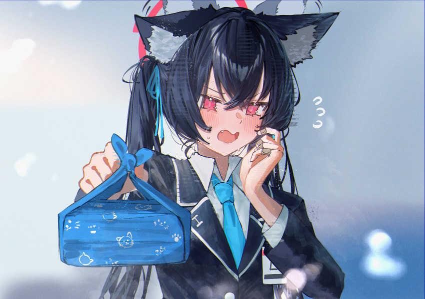 1girl animal_ear_fluff animal_ears bandaid bandaid_on_hand betabeet black_coat black_hair blue_archive blue_necktie blue_ribbon blush cat_ears cat_girl coat collared_shirt commentary ears_down fang flying_sweatdrops giving hair_between_eyes hair_ribbon halo highres holding holding_bento lapels motion_lines necktie non-web_source open_mouth red_eyes red_halo ribbon serika_(blue_archive) shirt solo sweat tsundere upper_body v-shaped_eyebrows white_shirt wrapped_bento