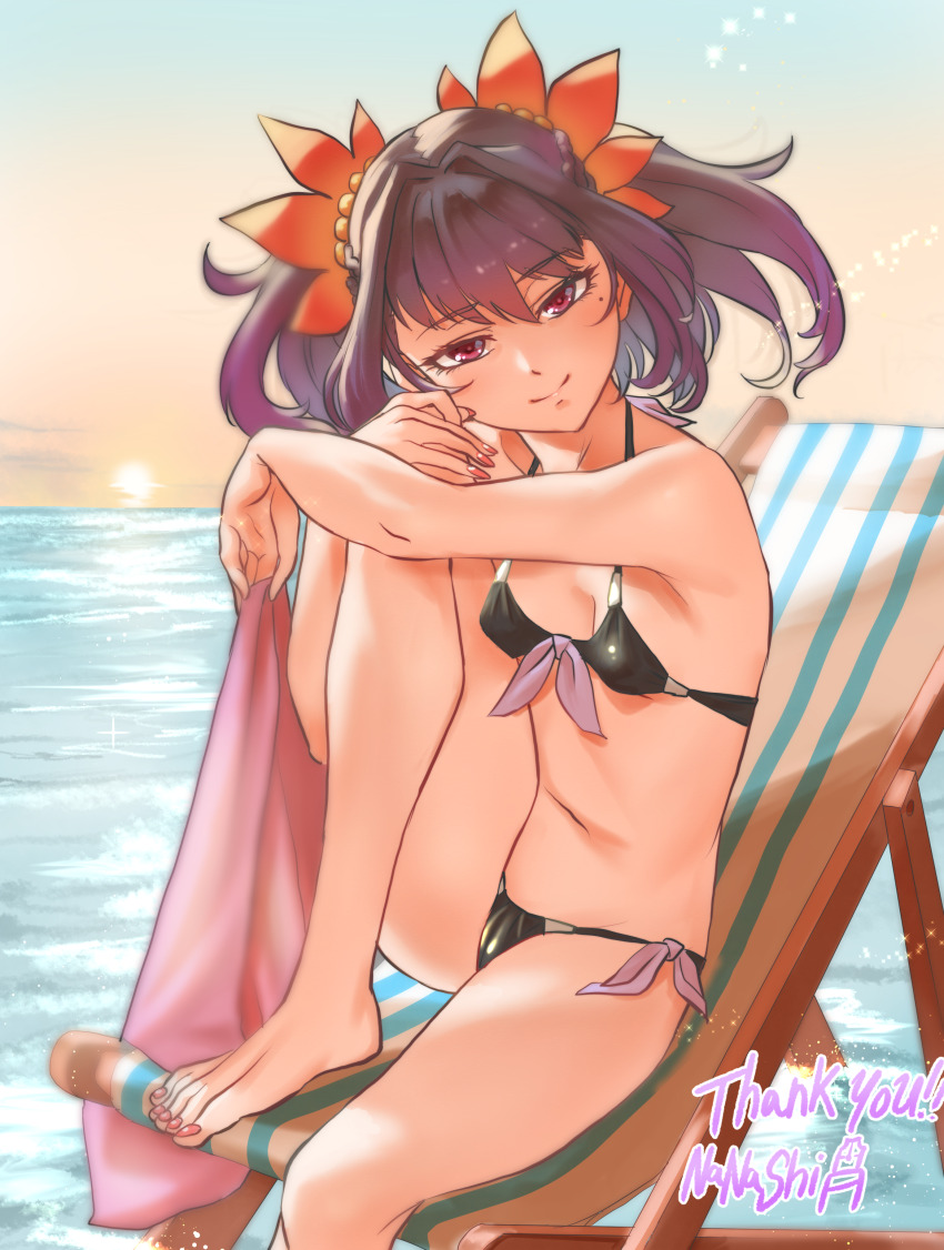 1girl absurdres artist_name barefoot beach beach_chair bikini black_bikini breasts chair commission fingernails flower hair_flower hair_ornament highres horizon hugging_own_legs kaze_fukeba_nanashi long_fingernails looking_at_viewer mole mole_under_eye nail_polish navel ocean pink_nails purple_eyes purple_hair side-tie_bikini_bottom skeb_commission small_breasts smile solo sun sunset swimsuit symonne_(tales) tales_of_(series) tales_of_zestiria thank_you toenail_polish toenails toes twintails