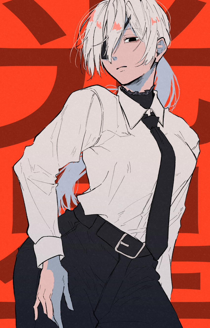 1girl absurdres belt belt_buckle black_belt black_eyes black_necktie black_pants buckle chainsaw_man closed_mouth collared_shirt cowboy_shot eyepatch frown highres long_hair long_sleeves necktie pants ponytail quanxi_(chainsaw_man) shirt shirt_tucked_in solo tian_zhu2357 white_hair white_shirt