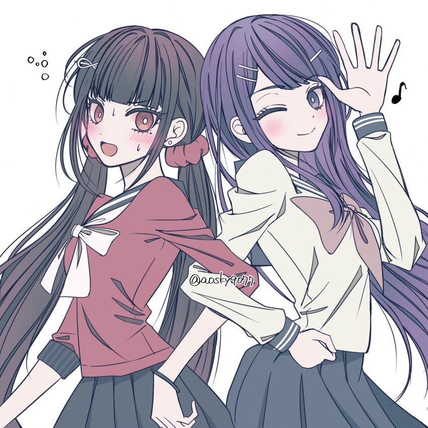 2girls blue_eyes blue_hair blue_sailor_collar blunt_bangs blush bow bowtie brown_hair d: danganronpa:_trigger_happy_havoc danganronpa_(series) danganronpa_v3:_killing_harmony from_side grey_shirt hair_ornament hair_scrunchie hairclip hand_up harukawa_maki highres long_hair long_sleeves looking_at_viewer low_twintails maizono_sayaka mole mole_under_eye multiple_girls musical_note open_mouth pink_bow pleated_skirt red_eyes red_scrunchie red_shirt sailor_collar satori_(aosky9077) school_uniform scrunchie shirt skirt smile standing sweat twintails