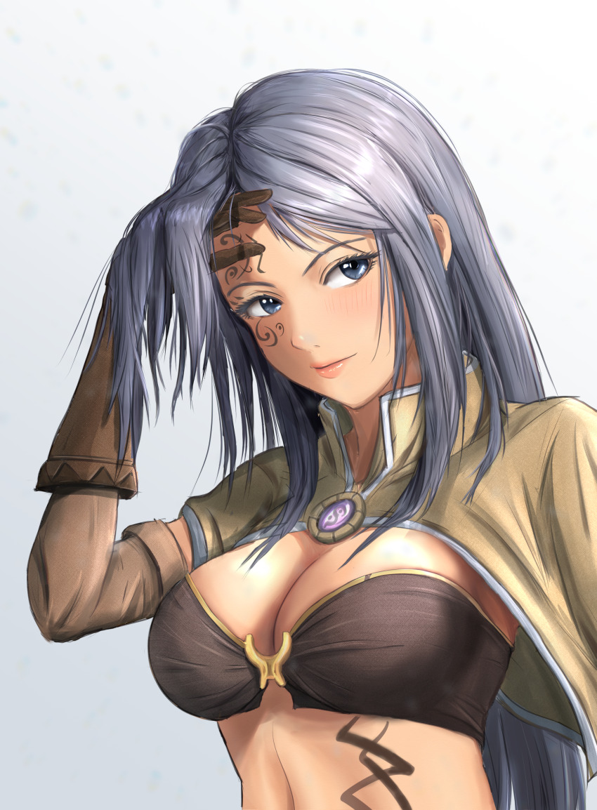 1girl absurdres bikini bikini_top_only blue_eyes blush breasts brown_bikini brown_capelet brown_gloves capelet cleavage closed_mouth commentary_request elbow_gloves facial_tattoo gloves grey_background grey_hair hand_in_own_hair hgus5855 highres lips long_hair looking_at_viewer mage_(ragnarok_online) medium_breasts purple_brooch ragnarok_online smile solo stomach_tattoo swimsuit tattoo upper_body