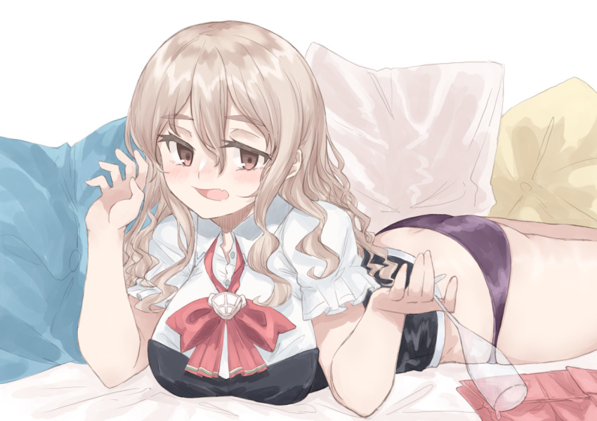 1girl az_toride black_panties bodice bow bowtie breasts brown_eyes collared_shirt commentary_request cowboy_shot cup drinking_glass frilled_shirt frills gradient_hair hair_between_eyes kantai_collection lying medium_breasts multicolored_hair on_stomach open_mouth panties pillow pola_(kancolle) red_bow red_bowtie shirt solo thick_eyebrows underwear white_shirt wine_glass