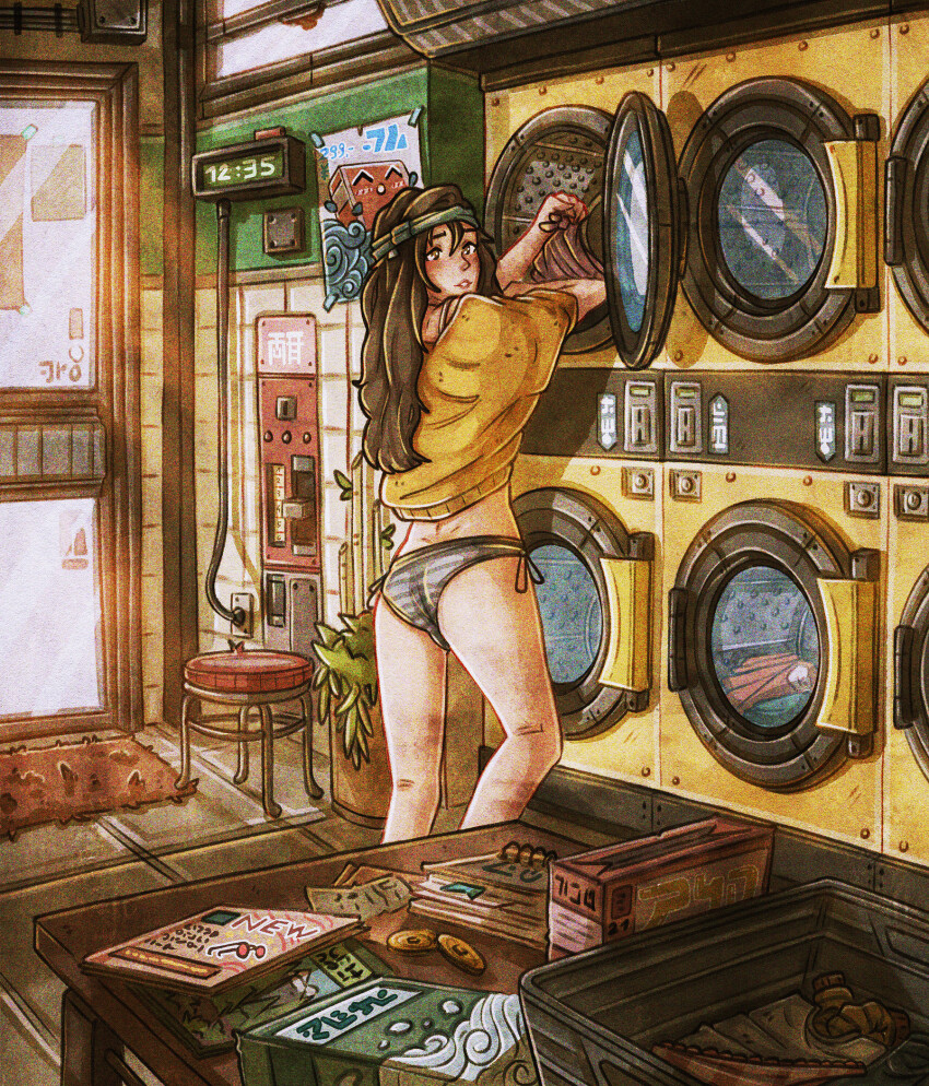 1girl bamboo bra_strap brown_eyes brown_hair change_machine clock coin detergent digital_clock facing_away full_body green_headband headband highres holding holding_unworn_clothes indoors laundromat laundry laundry_basket long_hair looking_at_viewer looking_back magazine_(object) notebook original panties parted_lips plant poster_(object) potted_plant riisaarts rug scenery shirt side-tie_panties solo standing stool striped_clothes striped_panties table tile_floor tiles underwear washing_machine window yellow_shirt