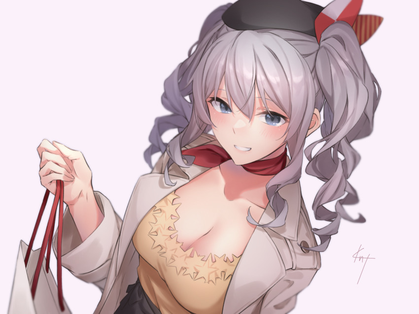 1girl bad_id bad_pixiv_id beret black_hat blue_eyes blush breasts cleavage collarbone hat highres kantai_collection kashima_(kancolle) knt02142769 large_breasts long_hair long_sleeves looking_at_viewer sidelocks silver_hair smile solo twintails wavy_hair