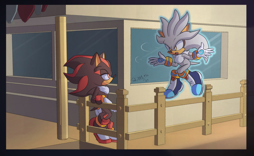 2boys black_border border bright_pupils fence furry furry_male gloves highres looking_at_another multiple_boys outdoors quark196 shadow_the_hedgehog signature silver_the_hedgehog sonic_(series) sonic_the_hedgehog_(2006) telekinesis white_gloves white_pupils wooden_fence yellow_eyes