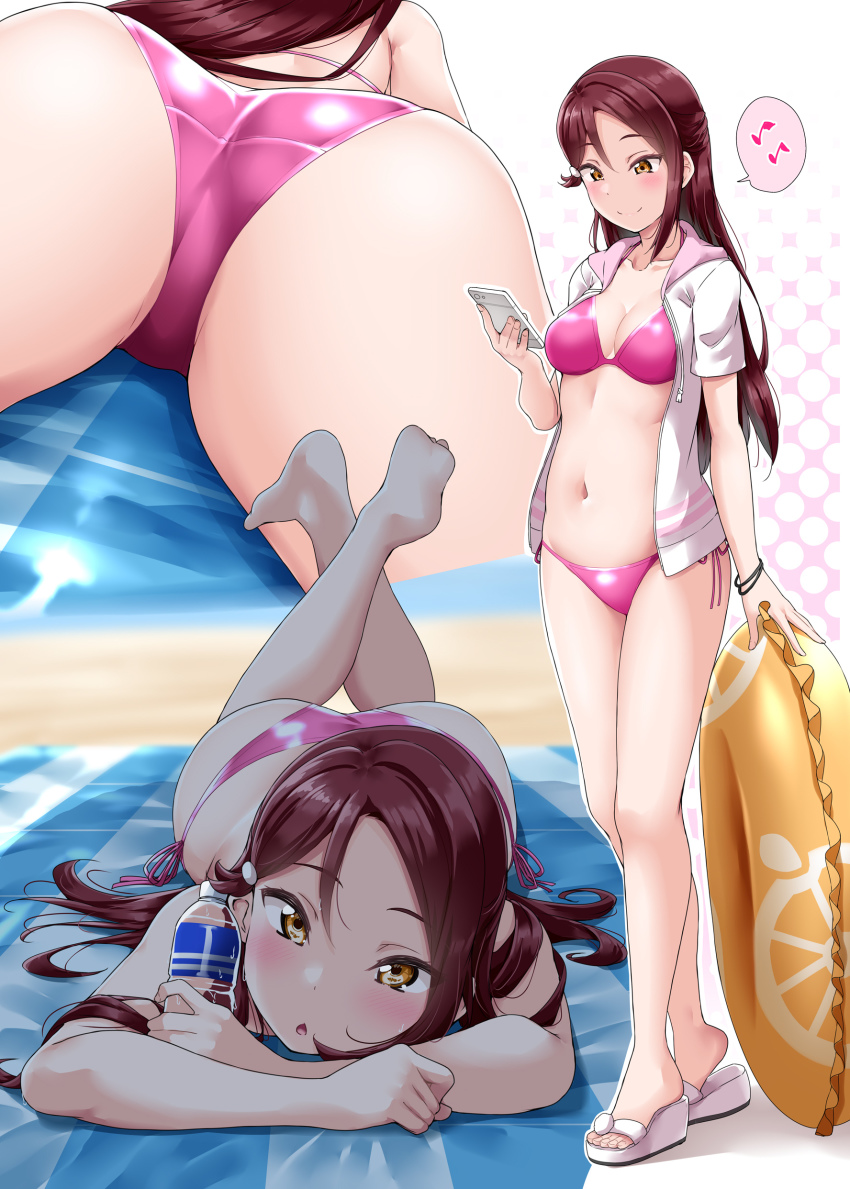 1girl :o absurdres ass bare_legs barefoot beach bikini blush bottle bracelet breasts cellphone cleavage collarbone feet_up foreshortening full_body halterneck highres holding holding_bottle holding_phone hood hooded_jacket innertube jacket jewelry long_hair looking_at_viewer love_live! love_live!_sunshine!! lying medium_breasts multiple_views musical_note navel on_stomach open_clothes open_jacket open_mouth orange_print phone pink_bikini red_eyes sakurauchi_riko sand sandals short_sleeves side-tie_bikini_bottom sidelocks smartphone smile soles speech_bubble string_bikini striped_towel swim_ring swimsuit toeless_footwear towel water_bottle wedge_heels white_footwear white_jacket yellow_eyes yopparai_oni zooming_in