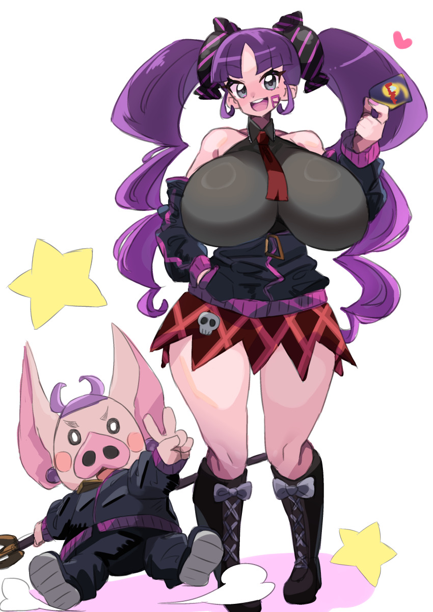 1girl 1other akan_mori bare_shoulders black_shirt breasts card character_request dot_nose duel_masters eyelashes grey_eyes holding holding_card huge_breasts looking_at_viewer miniskirt open_mouth pig puramai_rei purple_hair red_skirt shadow shiny_skin shirt skin_tight skirt skull smile star_(symbol) tall_female twintails v white_background