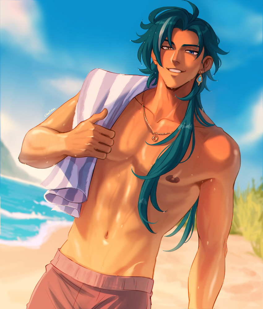 1boy beach blue_eyes blue_hair chalseu dark-skinned_male dark_skin earrings genshin_impact grey_male_swimwear hair_between_eyes heterochromia highres jewelry kaeya_(genshin_impact) long_hair male_focus male_swimwear navel nipples no_eyepatch ocean solo stomach topless_male yellow_eyes