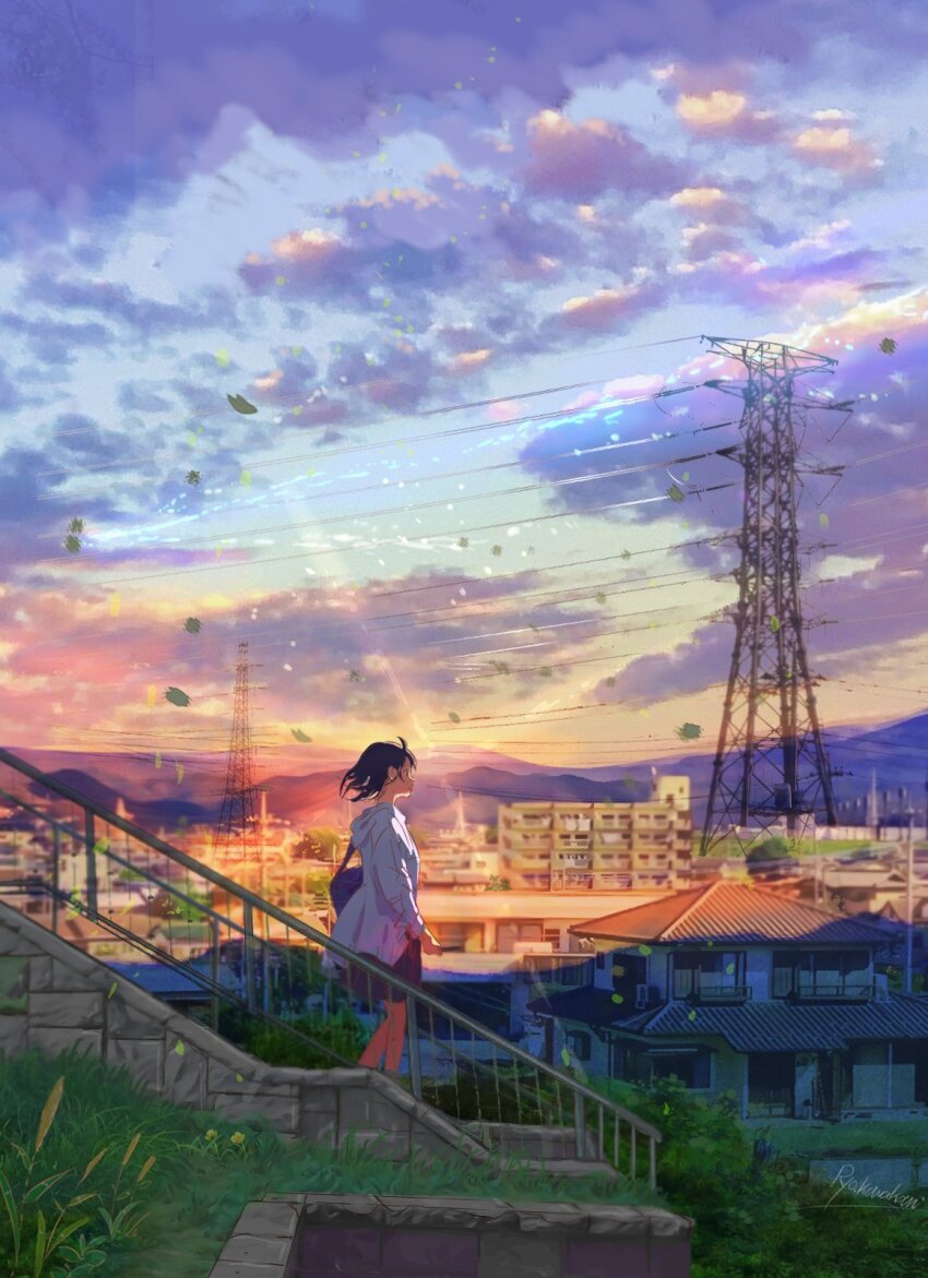 1girl apartment bag black_skirt blue_sky building cityscape cloud commentary_request evening falling_leaves grass highres house leaf mountainous_horizon orange_sky original power_lines railing ryowelcome1 school_bag skirt sky solo stairs sunset sweater utility_pole walking white_sweater window