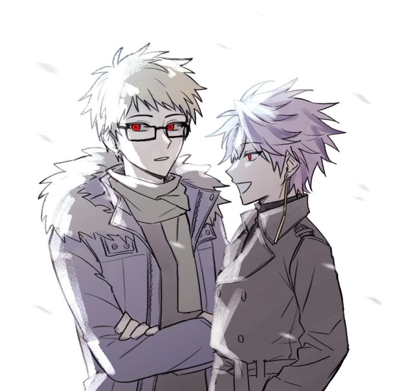 2boys atou_haruki black_sweater blonde_hair blue_jacket coat commentary_request crossed_arms earrings fur-trimmed_jacket fur_trim green_scarf grey_coat grey_shirt grin highres jacket jewelry korean_commentary male_focus multiple_boys open_clothes open_jacket purple_hair rectangular_eyewear red_eyes saibou_shinkyoku scarf shirt short_hair smile sukihome sweater theodore_riddle turtleneck turtleneck_sweater upper_body white_background