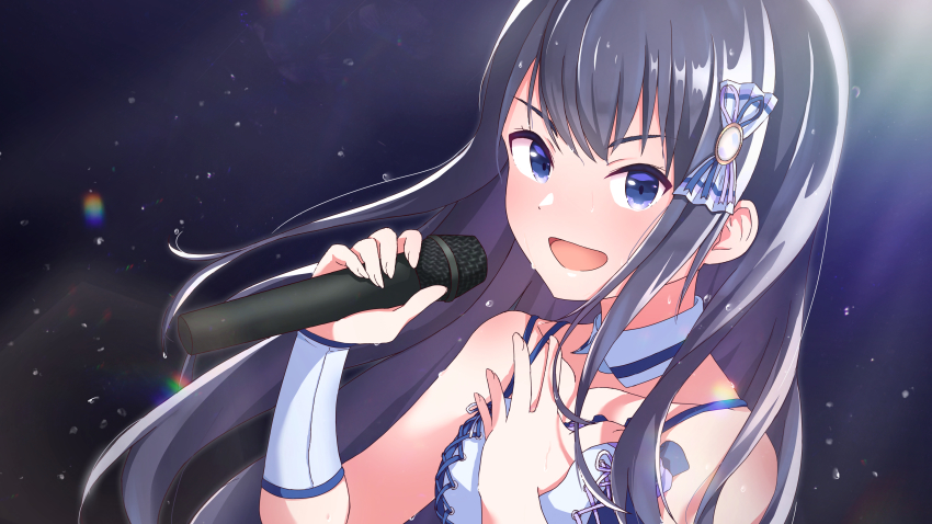 1girl absurdres black_hair blue_eyes bow hair_bow highres idol idoly_pride long_hair looking_at_viewer nagase_kotono open_mouth purple_eyes smile tonguewasabi