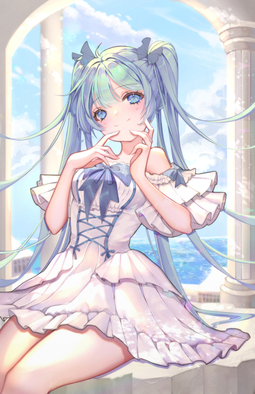 1girl absurdres ahoge arua blue_bow blue_eyes blue_hair blue_sky bow breasts closed_mouth cloud column commentary cross-laced_clothes cross-laced_dress day dress frilled_dress frills hair_between_eyes hair_bow hands_up hatsune_miku highres light_blush long_hair looking_at_viewer ocean off-shoulder_dress off_shoulder pillar short_sleeves sitting sky smile solo thighs twintails vocaloid water white_dress