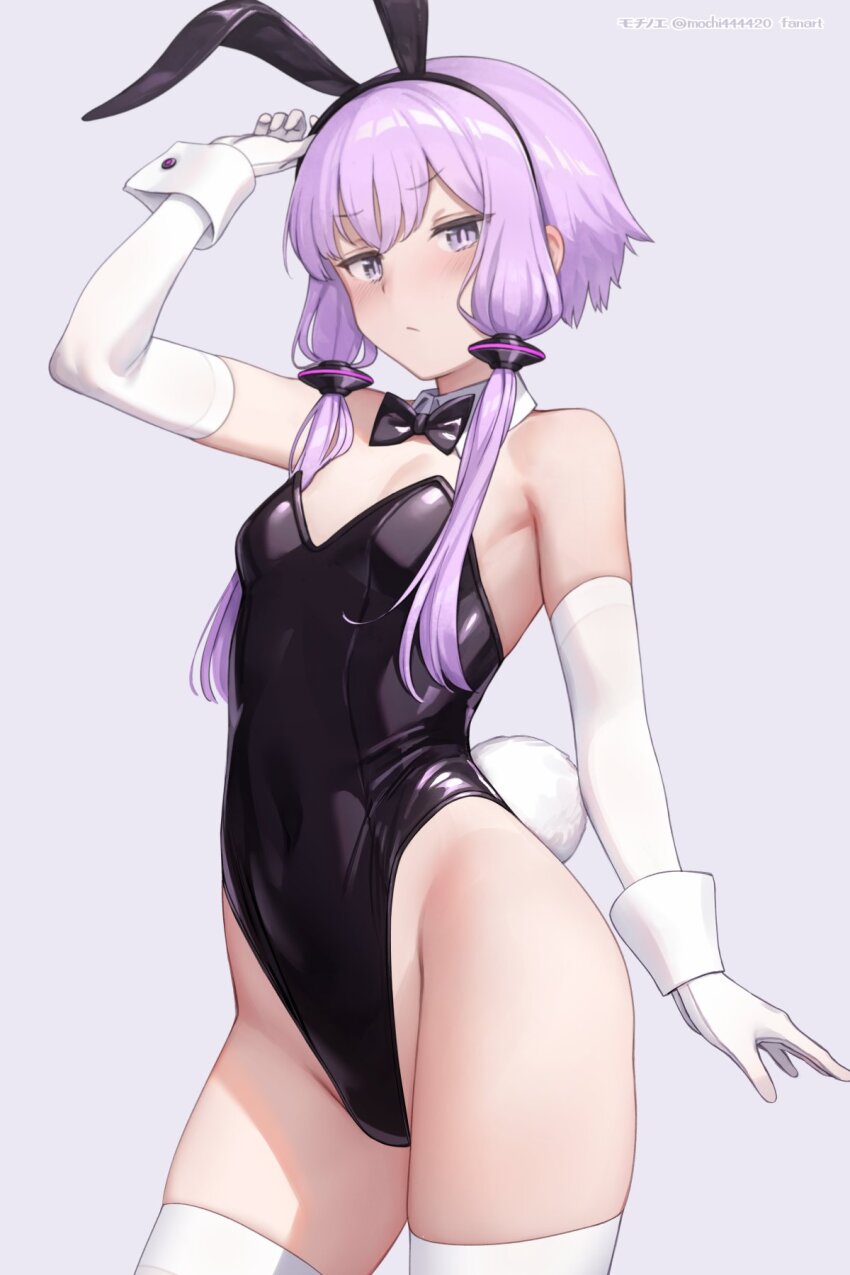 1girl animal_ear_hairband animal_ears black_bow black_bowtie blush bow bowtie breasts closed_mouth detached_collar elbow_pads fake_animal_ears fake_tail gloves highres leotard looking_at_viewer mochi_(mochi444420) playboy_bunny purple_eyes purple_hair rabbit_ear_hairband rabbit_ears short_hair_with_long_locks simple_background small_breasts solo strapless strapless_leotard tail thighhighs twitter_username vocaloid voiceroid white_gloves white_thighhighs wrist_cuffs yuzuki_yukari