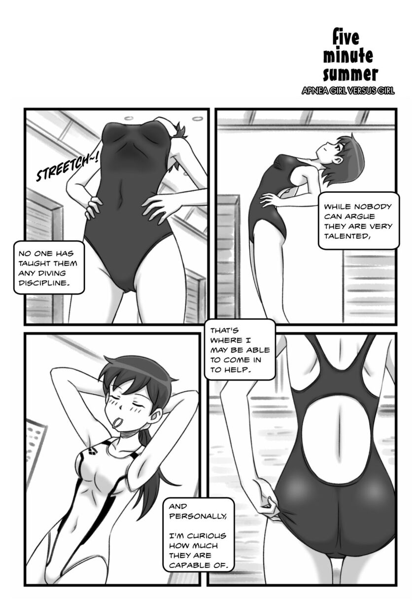 2girls ass breasts cleavage competition_school_swimsuit competition_swimsuit covered_navel highres large_breasts long_hair medium_breasts monochrome multiple_girls one-piece_swimsuit pool poolside saver_(artbysaver) saver_(artist) school_swimsuit short_hair swimsuit