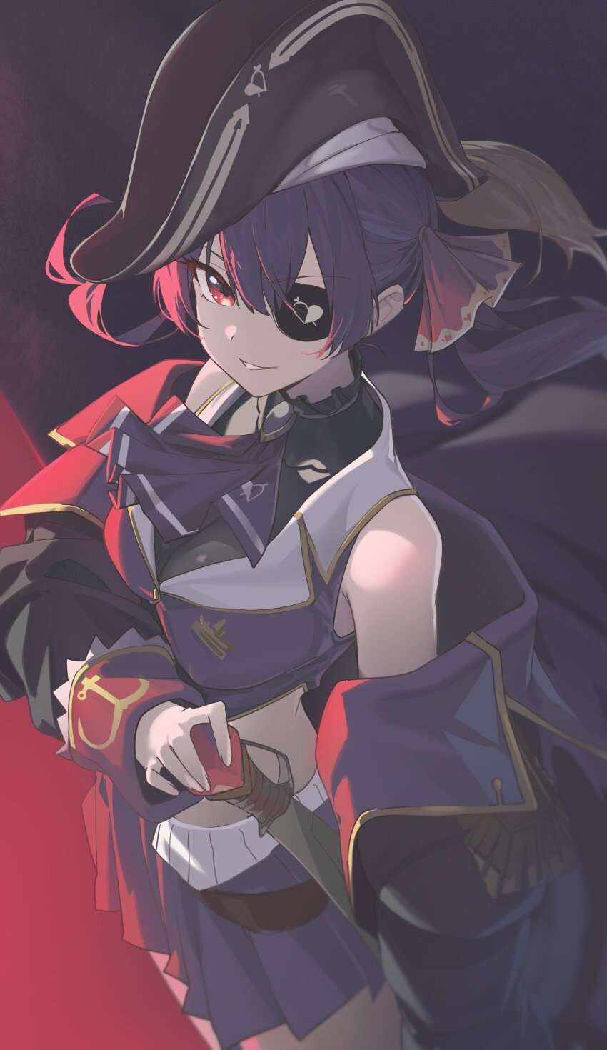 1girl absurdres black_undershirt breasts cleavage coat crop_top eyepatch fingernails from_above hair_between_eyes hair_ribbon hand_on_hilt hat highres hololive houshou_marine large_breasts long_sleeves looking_at_viewer off_shoulder open_mouth pirate_hat red_coat red_eyes red_hair red_shirt red_skirt reulem ribbon shirt skirt smile solo sword twintails virtual_youtuber weapon