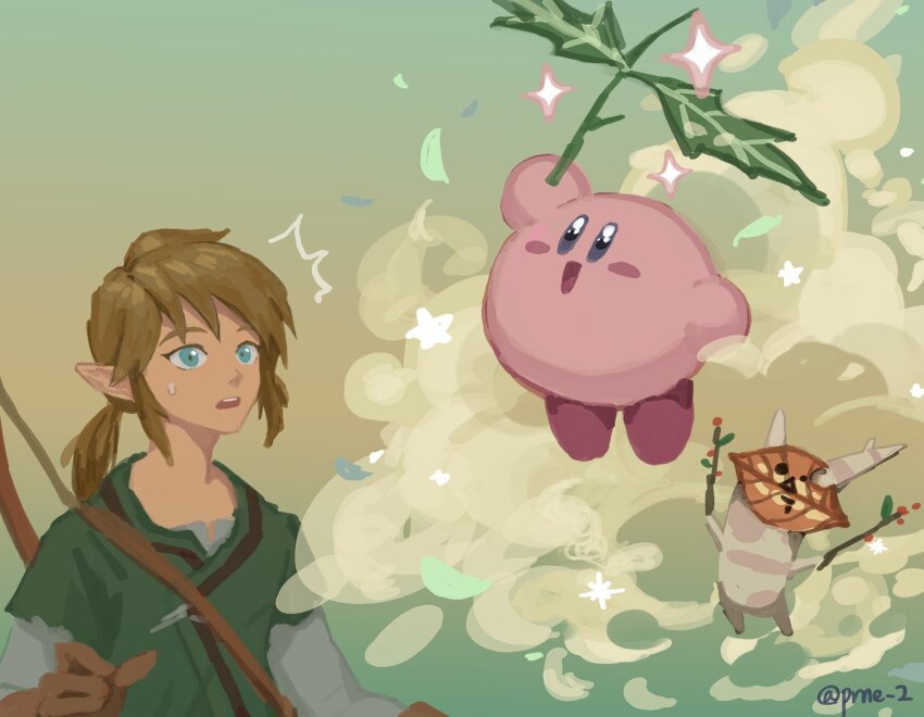 1boy blue_eyes branch brown_gloves brown_hair commentary_request crossover gloves green_background highres holding holding_branch holding_leaf kirby kirby_(series) korean_commentary korok leaf link low_ponytail male_focus nintendo open_mouth pointy_ears ponytail prne_2 simple_background smoke sparkle star_(symbol) sweat the_legend_of_zelda tunic twitter_username