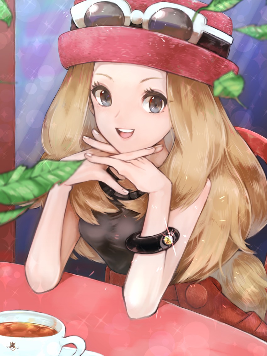 1girl blue_eyes brown_hair coffee creatures_(company) female_focus game_freak happy hat highres long_hair looking_at_viewer low-tied_long_hair nintendo pleated_skirt pokemon pokemon_xy porkpie_hat red_skirt serena_(pokemon) skirt smile solo sunglasses sunglasses_on_hat tank_top yellowking_hiro