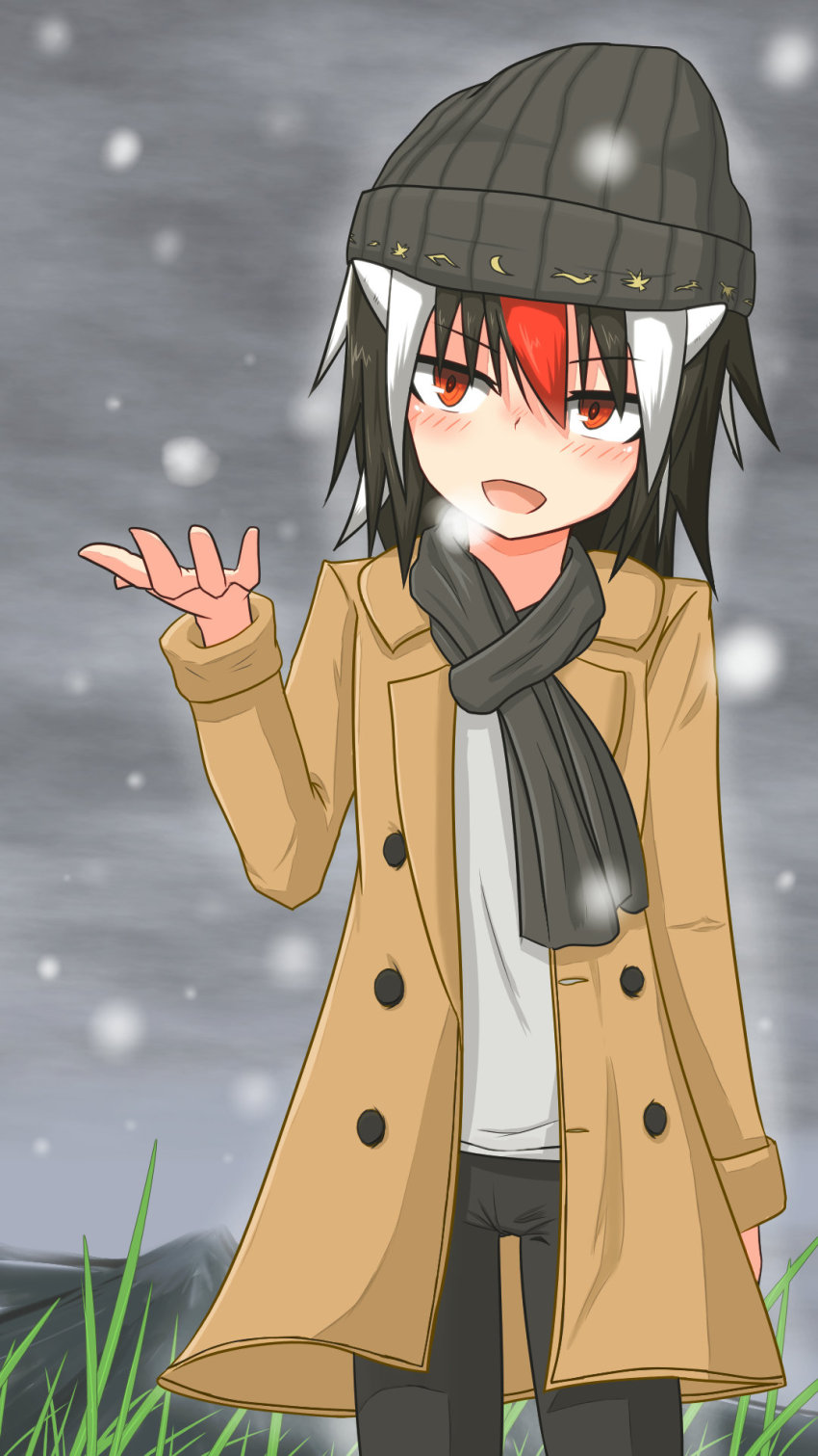 1girl :d alternate_costume black_hair coat female_focus grass hat highres horns kijin_seija mega_yukke multicolored_hair open_mouth pants red_eyes red_hair scarf short_hair smile snowing solo streaked_hair touhou white_hair