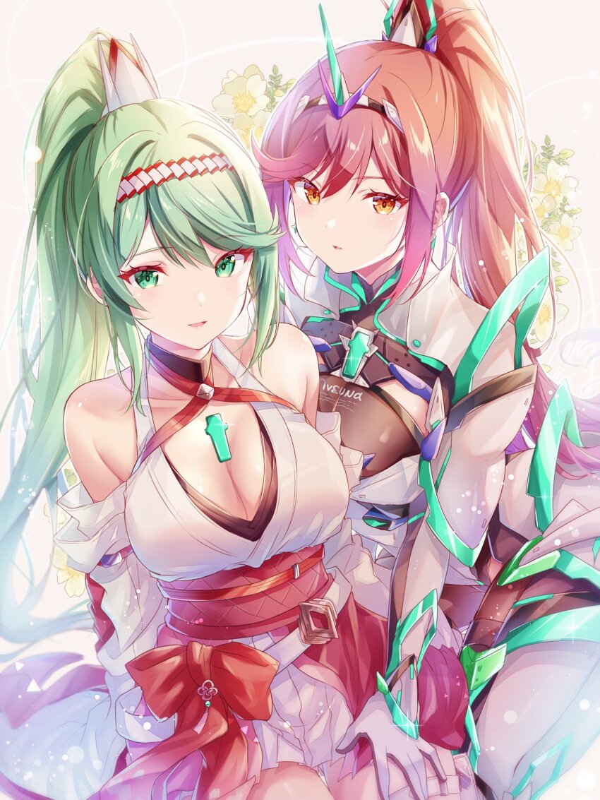 alternate_costume breasts cosplay costume_switch glimmer_(xenoblade) green_hair highres large_breasts long_hair pneuma_(xenoblade) ponytail ui_frara very_long_hair xenoblade_chronicles_(series) xenoblade_chronicles_2 xenoblade_chronicles_3 xenoblade_chronicles_3:_future_redeemed