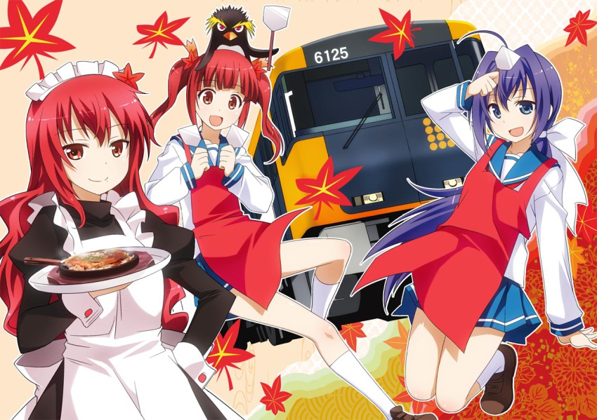 3girls :d ahoge animal animal_on_head apron bird blue_eyes food hand_on_own_hip leaf long_hair looking_at_viewer maid maid_apron maid_headdress multiple_girls on_head open_mouth penguin purple_hair red_eyes red_hair school_uniform seigaiha short_hair smile spatula train twintails umekichi