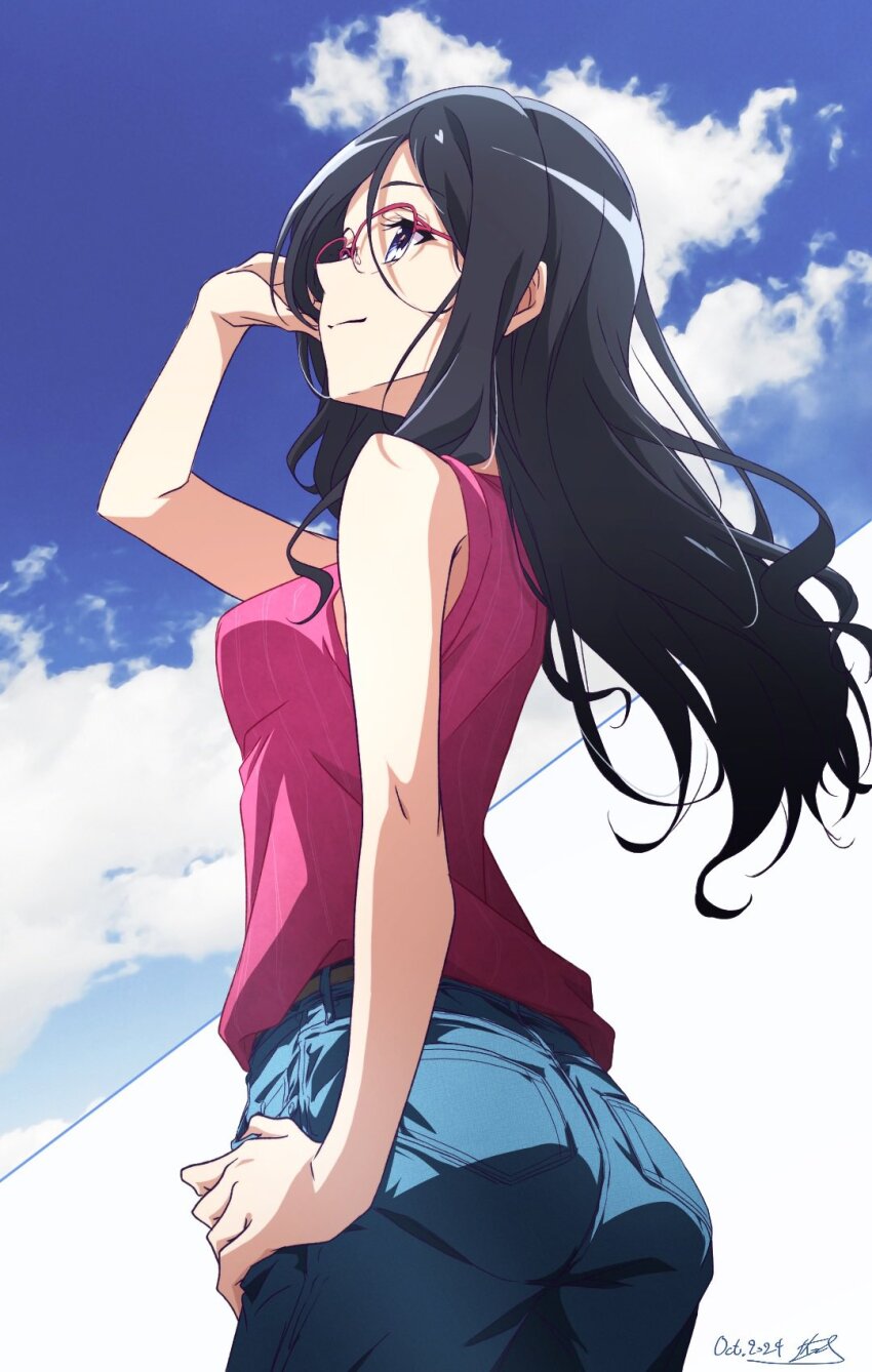 1girl black_hair blue_eyes blue_pants blue_sky breasts closed_mouth cloud commentary dated day glasses hibike!_euphonium highres light_smile long_hair medium_breasts nii_manabu outdoors pants red-framed_eyewear red_shirt shirt signature sky sleeveless sleeveless_shirt solo symbol-only_commentary tanaka_asuka