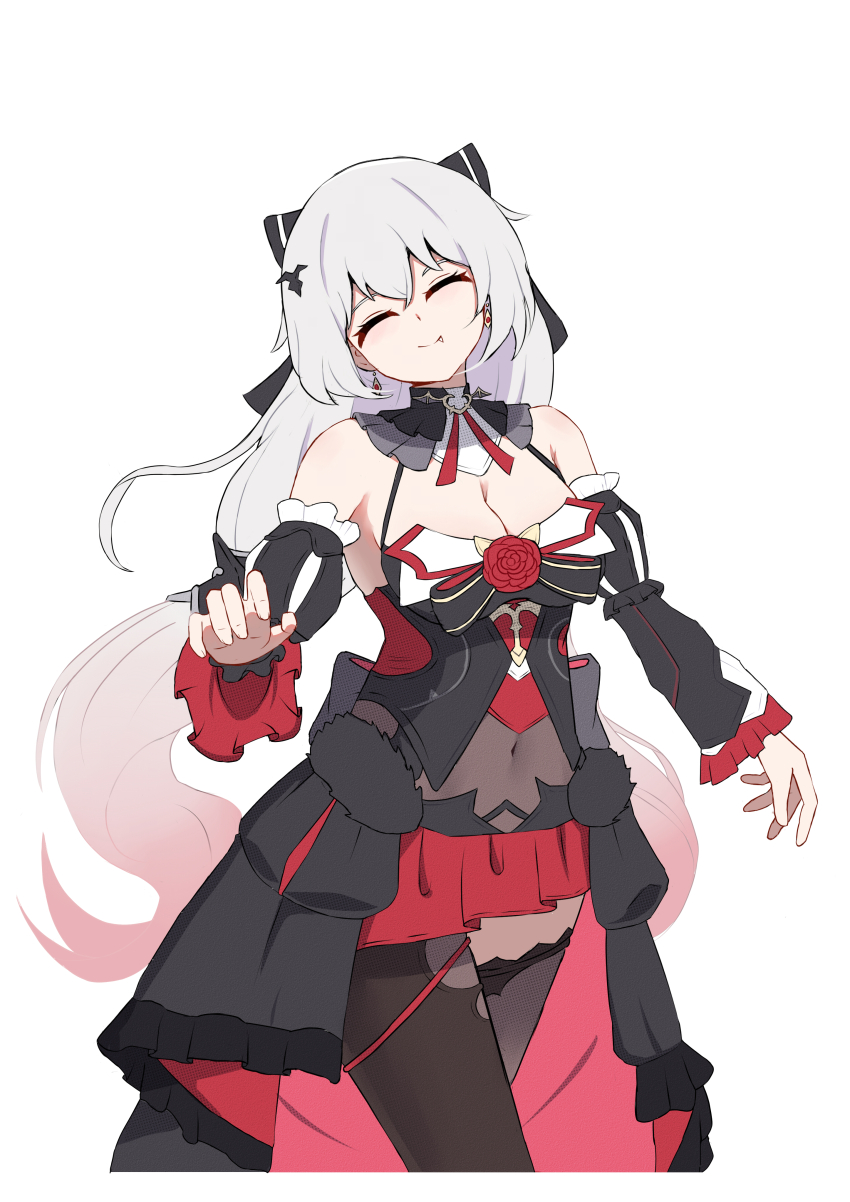 1girl absurdres bare_shoulders bat_hair_ornament black_bow black_collar black_dress black_sleeves black_thighhighs bow breasts cleavage closed_eyes collar commentary covered_navel cowboy_shot detached_sleeves dress earrings facing_viewer fang hair_bow hair_ornament head_tilt highres honkai_(series) honkai_impact_3rd jewelry large_breasts long_hair marin_liekuriva red_skirt simple_background skirt smile solo straight-on theresa_apocalypse theresa_apocalypse_(luna_kindred) theresa_apocalypse_(lunar_vow:_crimson_love) thighhighs thighs very_long_hair white_background white_hair