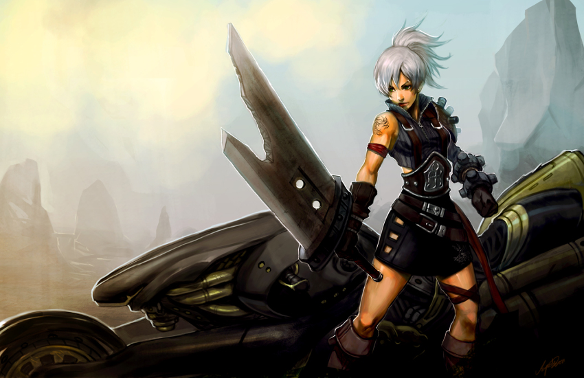 1girl boots broken broken_sword broken_weapon buster_sword cloud_strife cloud_strife_(cosplay) cosplay female_focus final_fantasy final_fantasy_vii gauntlets green_eyes league_of_legends motor_vehicle motorcycle orenji-kun ponytail riven_(league_of_legends) short_hair shoulder_pads silver_hair skirt solo sword tattoo vehicle weapon