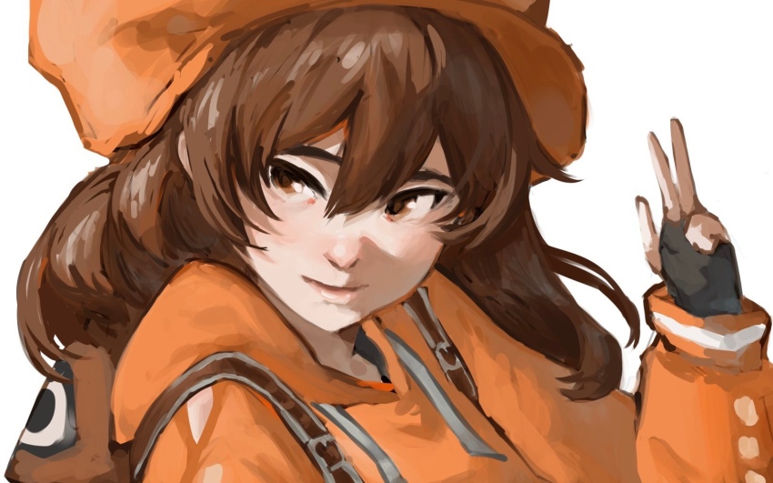 1girl brown_eyes brown_hair closed_mouth commentary english_commentary fingerless_gloves gloves guilty_gear guilty_gear_strive hair_between_eyes hat highres hood hoodie lips long_hair mashuudoesntdraw may_(guilty_gear) orange_hat orange_hoodie pink_lips simple_background smile solo thick_eyebrows white_background