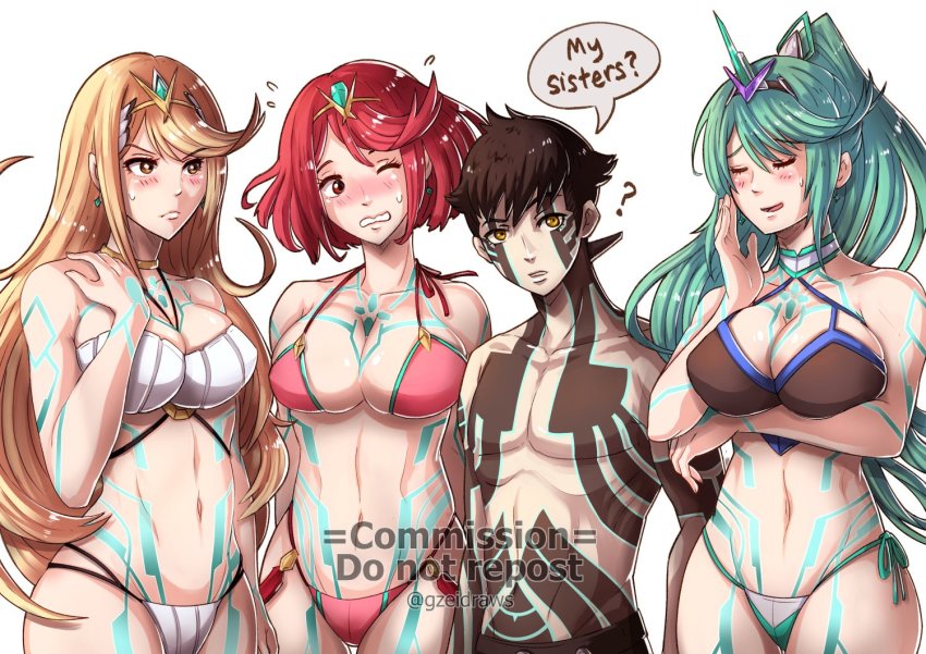 1boy 3girls bikini black_hair blonde_hair blush breasts chest_jewel cleavage closed_eyes commission crossover demi-fiend earrings full-body_tattoo gzei headpiece jewelry large_breasts long_hair looking_at_viewer matching_hair/eyes midriff monolith_soft multiple_girls multiple_persona mythra_(xenoblade) navel pneuma_(xenoblade) ponytail pyra_(xenoblade) red_eyes red_hair shin_megami_tensei shin_megami_tensei_iii:_nocturne short_hair side-tie_bikini_bottom simple_background smile stomach swept_bangs swimsuit tattoo tiara topless_male trait_connection watermark xeno_(series) xenoblade_chronicles_(series) xenoblade_chronicles_2 yellow_eyes