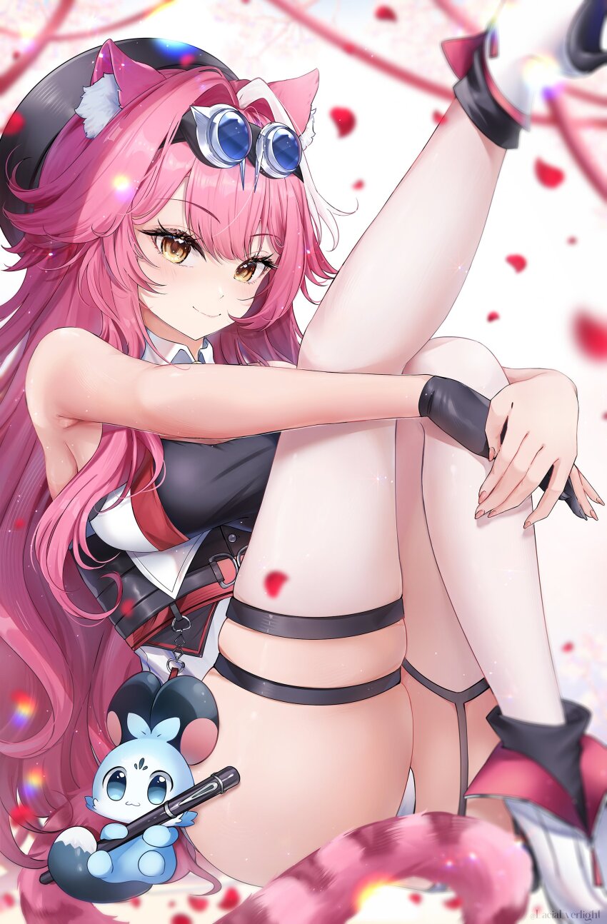 1girl absurdres animal_ear_fluff animal_ears blush breasts highres hololive hololive_english lacia_everlight long_hair looking_at_viewer multicolored_hair open_mouth panther_ears panther_girl panther_tail pink_hair raora_panthera smile tail thick_thighs thighs underwear_around_one_leg virtual_youtuber