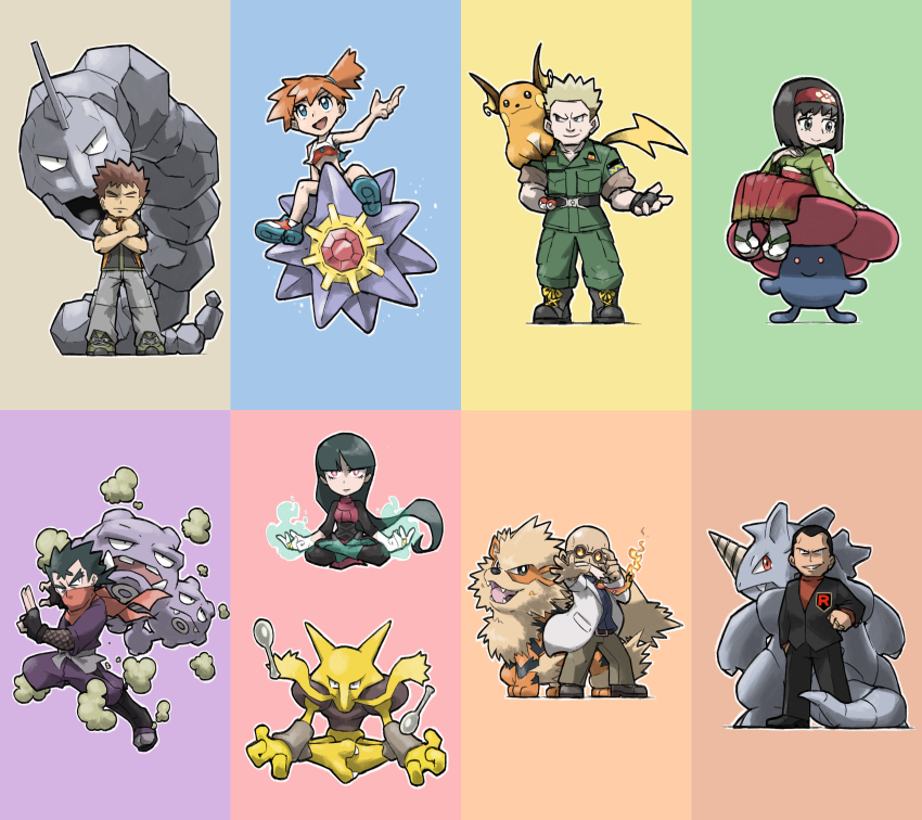 3girls 5boys :3 absurdres alakazam arcanine arm_behind_back bald belt black_belt black_boots black_gloves black_hair black_jacket black_pants black_shoes blacknirrow blaine_(pokemon) blonde_hair blue_eyes boots brock_(pokemon) brown_hair brown_pants closed_eyes closed_mouth coat collared_shirt commentary creatures_(company) crossed_arms crossed_legs dark-skinned_male dark_skin english_commentary erika_(pokemon) eyelashes facial_hair fangs fingerless_gloves fire floating game_freak gem gen_1_pokemon giovanni_(pokemon) gloves glowing_hands green_pants green_shirt green_shoes grey_eyes grey_pants hairband highres jacket japanese_clothes kimono koga_(pokemon) lab_coat long_hair misty_(pokemon) multiple_boys multiple_girls mustache necktie ninja nintendo on_shoulder onix open_clothes open_coat orange_hair orange_necktie outline pants poke_ball poke_ball_(basic) pokemon pokemon_(creature) pokemon_lgpe pokemon_on_shoulder raichu red_eyes red_gemstone red_hairband red_scarf red_shirt rhydon riding riding_pokemon sabrina_(pokemon) sandals scarf shirt shoes short_sleeves side_ponytail socks spoon standing starme surge_(pokemon) team_rocket telekinesis v-shaped_eyebrows v-shaped_eyes very_long_hair vileplume weezing white_coat white_hair white_outline white_socks