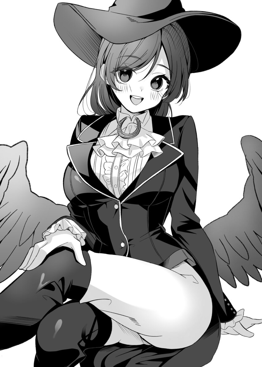 1girl cowboy_hat crossed_legs feathered_wings gloves greyscale hat highres kurokoma_saki long_sleeves looking_at_viewer meimei_(meimei89008309) monochrome puffy_long_sleeves puffy_sleeves smile solo thighs touhou wings