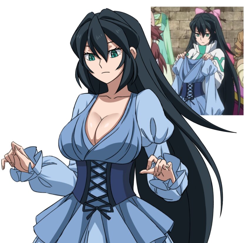 1girl alternate_costume black_hair breasts cleavage dress expressionless green_eyes gundam_build_divers gundam_build_divers_re:rise highres large_breasts long_hair may_(gundam_build_divers_re:rise) solo very_long_hair