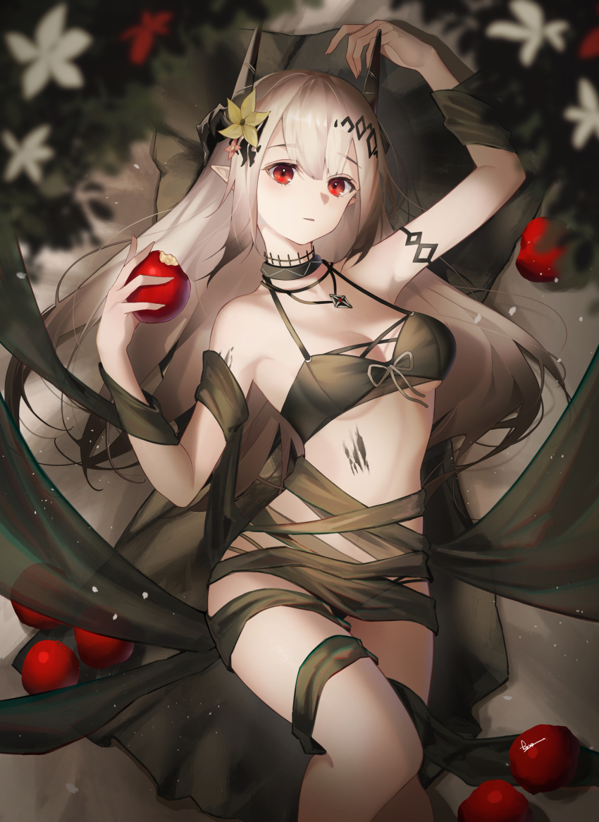 1girl absurdres apple arknights arm_up bad_id bad_pixiv_id bikini black_bikini black_collar breasts cleavage collar commentary demon_horns feet_out_of_frame flower food fruit grey_hair hair_ornament hand_up hands_up highres holding holding_food holding_fruit horns jewelry kawausoman long_hair looking_at_viewer mudrock_(arknights) mudrock_(silent_night)_(arknights) necklace official_alternate_costume red_eyes small_breasts solo swimsuit yellow_flower