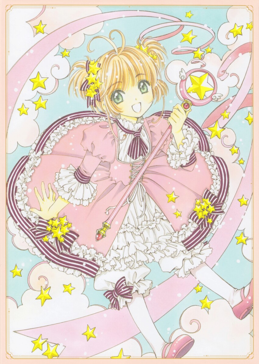 1990s_(style) 1girl :d absurdres antenna_hair bloomers blue_background bow brown_hair cardcaptor_sakura clamp_(circle) cloud dot_nose dress dress_bow frilled_dress frills full_body green_eyes hair_bow hair_ornament highres holding holding_wand hoshi_no_tsue kinomoto_sakura layered_dress mary_janes official_alternate_costume official_art open_mouth pantyhose pink_dress pink_footwear retro_artstyle scan shoes short_hair simple_background smile solo star_(symbol) star_hair_ornament striped_bow two_side_up underwear wand white_bloomers white_dress white_pantyhose