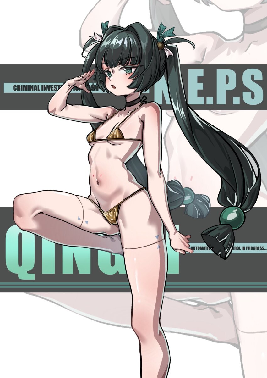 1girl android bikini black_choker braid breasts choker commentary_request eiferqimuyu gold_bikini green_hair green_ribbon hair_ribbon highres long_hair looking_at_viewer micro_bikini qingyi_(zenless_zone_zero) ribbon small_breasts solo standing standing_on_one_leg swimsuit twin_braids twintails zenless_zone_zero zoom_layer