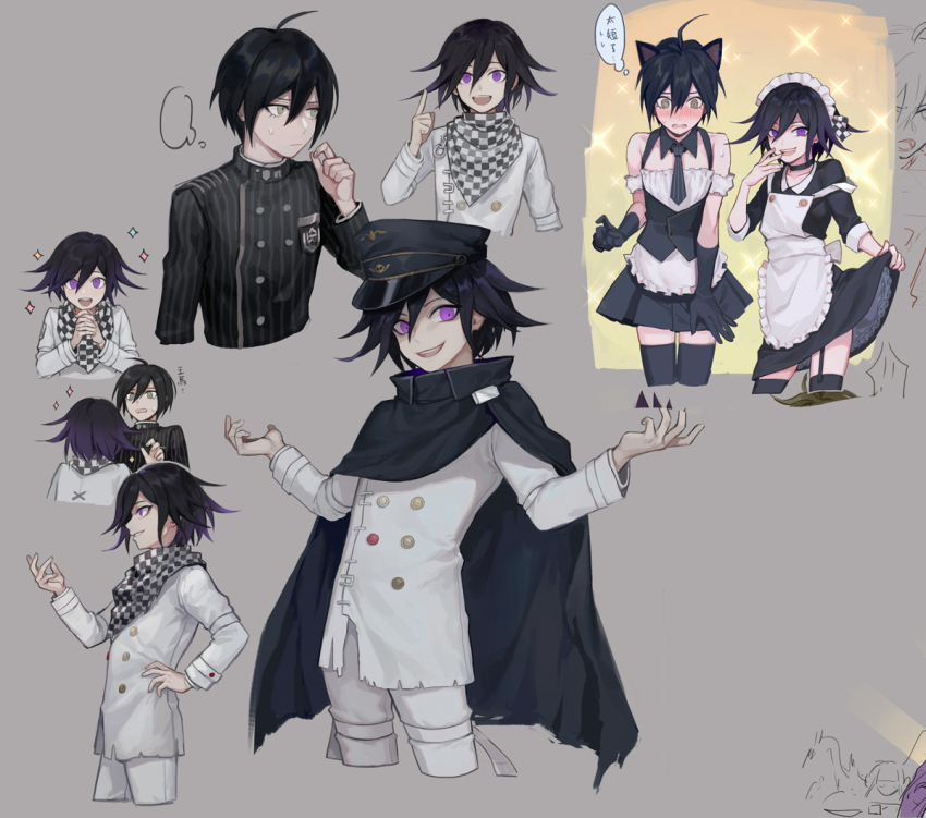 2boys 8c ahoge alternate_costume animal_ears apron arm_belt bishounen black_cape black_choker black_dress black_gloves black_hair black_jacket black_thighhighs blush brown_eyes buttons cape cat_boy cat_ears checkered_clothes checkered_scarf chinese_commentary choker clothes_lift collared_jacket commentary_request cross-laced_jacket crossdressing danganronpa_(series) danganronpa_v3:_killing_harmony double-breasted dress dress_lift embarrassed enmaided excited flipped_hair frilled_apron frills garter_straps gloves grey_background grin hair_between_eyes hand_on_own_hip hat jacket lifting_own_clothes long_sleeves looking_at_viewer maid male_focus male_maid medium_hair multicolored_buttons multiple_boys oma_kokichi open_mouth outstretched_arms own_hands_together pants peaked_cap pointing pointing_up profile purple_eyes purple_hair saihara_shuichi scarf short_dress short_hair simple_background sketch smile smirk sparkle_background sparkling_aura speech_bubble straitjacket striped_clothes striped_jacket sweatdrop teeth thigh_strap thighhighs thought_bubble translation_request two-tone_scarf white_apron white_pants wide-eyed