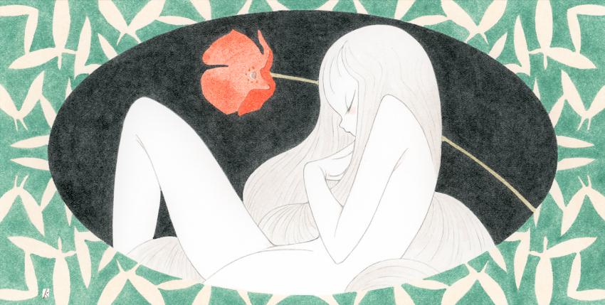 1girl blonde_hair blush bug butterfly closed_eyes colored_skin flower insect kishi_takuya long_hair nude original painting_(medium) petite poppy_(flower) profile solo traditional_media very_long_hair watercolor_(medium) white_skin