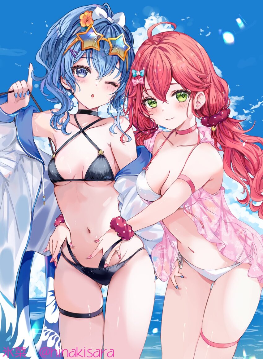 2girls ahoge alternate_costume bikini black_bikini blue_eyes blue_hair blue_nails blue_sky blush bow breasts cleavage collar green_eyes hair_between_eyes hair_bow hair_ornament hairclip hand_on_another&#039;s_thigh hand_under_clothes hand_under_swimsuit highres hinakisara hololive hoshimachi_suisei large_breasts lifebuoy multiple_girls navel o-ring o-ring_thigh_strap ocean one_eye_closed pink_hair pink_nails sakura_miko scrunchie see-through_clothes sky small_breasts star-shaped_eyewear star_(symbol) star_in_eye swim_ring swimsuit symbol_in_eye thigh_strap virtual_youtuber white_bikini wrist_scrunchie yuri