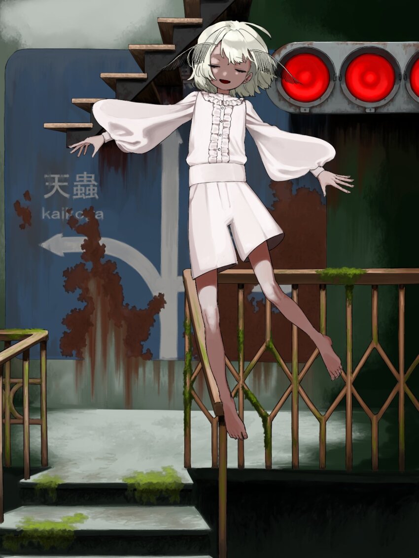 1other barefoot closed_eyes commentary floating highres long_sleeves moth_antennae open_mouth original outstretched_arms puffy_long_sleeves puffy_sleeves shaded_face shirt shorts spread_arms toes uni_no white_hair white_shirt white_shorts